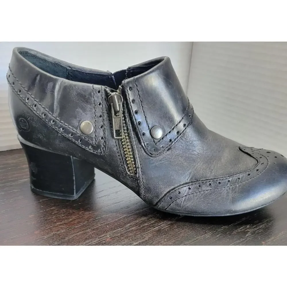 Born Ankle Boots Womens 7.5 Black Sia Wingtip Zip Almond Toe Block Leather